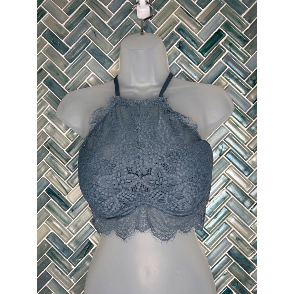 VICTORIA'S SECRET 'PINK' HIGH NECK BLUE LACE PUSH UP PADDED RACERBACK BRA MEDIUM